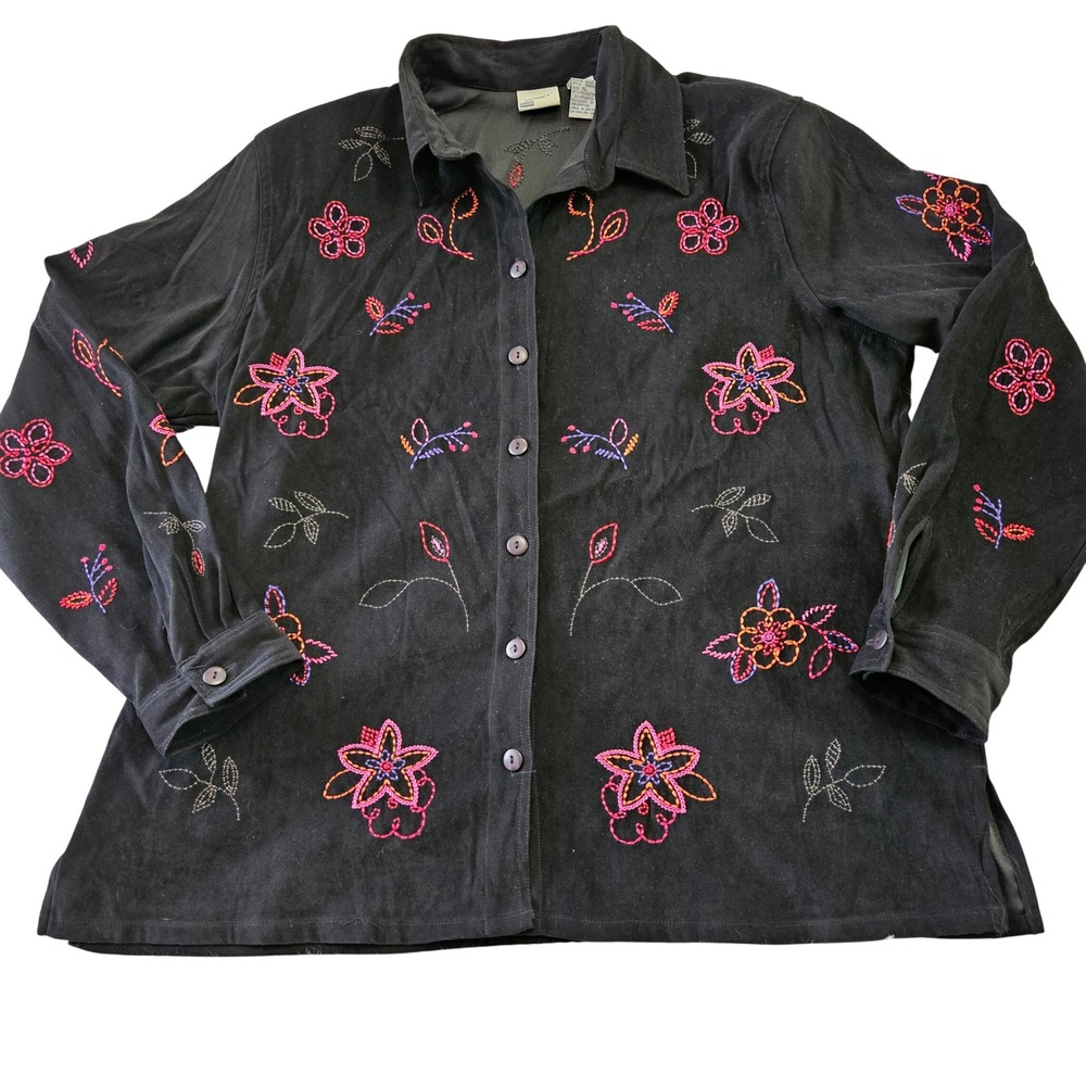 Koret VTG Black Floral Embroidered Faux Suede Grannycore Button Front Top Sz XL